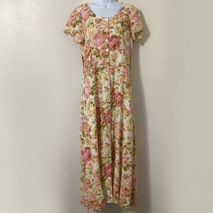 Vintage 90s Cottagecore Colorful Floral Fairy Prairie Full Button Maxi Dress 16T